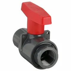 PVC straight ball valve with female NPT threaded ends. Used for on/off or flow control in PVC piping systems. Rated for 235 psi cold working pressure. Suitable for water, chemical, and irrigation applications requiring corrosion resistance.