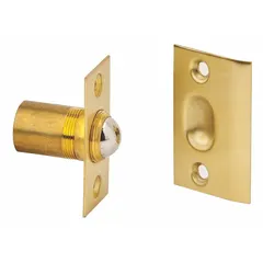 Brass ball-type grab catch with pull opening action. Height 1 3/8 in, width 1 in. Used for securing cabinet doors, gates, or access panels in industrial and commercial settings.