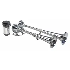 12V DC low-tone electric horn with chrome-plated silver finish. Includes mounting hardware for installation on boats. Provides an audible warning signal for marine safety applications.