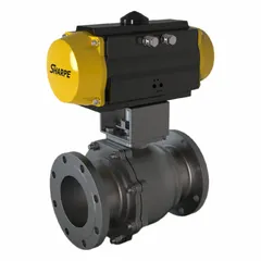 This pneumatically-actuated two-way ball valve features a 6-inch carbon steel body with flange x flange connections. It is designed for on/off flow control in industrial piping systems handling liquids, gases, or slurries. The actuator does not include a pilot solenoid voltage and requires a separate control signal.