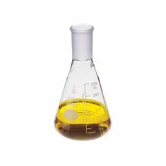 Conical flask made from colorless glass, meeting USP Type I specifications. With a 50 mL capacity and 19/38 stopper compatibility, it is suited for mixing, heating, and storing liquids in laboratory procedures such as titration and culturing.