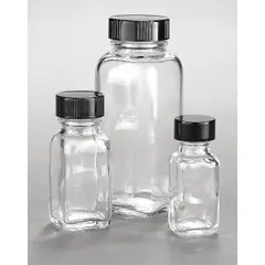 Rectangular glass bottle with a colorless, clear body and a 43-400 mm screw closure size. Capacity is 250 mL. Not graduated, supplied without closure and without pre-cleaning. Suitable for general laboratory liquid storage and sampling applications.