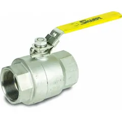 This SHARPE manual two-way ball valve features a 316 stainless steel straight body with FNPT x FNPT connections and a locking lever handle. It uses RPTFE seals for reliable shutoff in industrial piping systems handling corrosive or high-purity fluids.