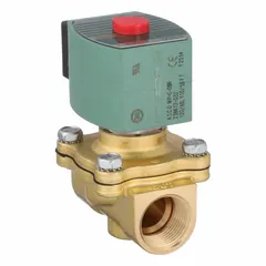 This REDHAT solenoid valve is a 2-way, 2-position normally closed high-flow valve with a 3/4 in pipe size and 110V AC voltage. It is used for on/off control of fluid flow in applications such as water, air, and light oil systems, providing reliable shut-off when de-energized.