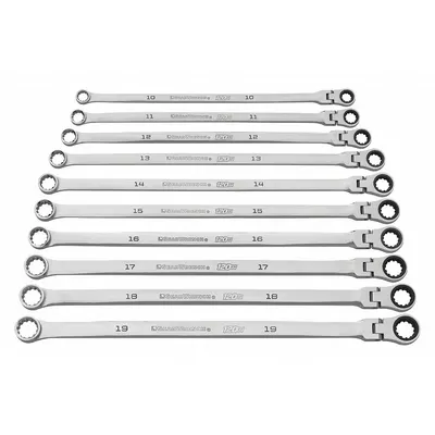 GEARWRENCH Box End Wrench Set: Alloy Steel, Chrome, 10 Tools, 0° Head Offset Angle - Metric, Double End, 12-Point, Ratcheting Box End Wrench Sets