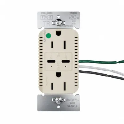 LEGRAND Receptacle: Duplex, 5-15R, 2 USB Ports, USB Type C, Ivory, 125V AC - Hospital-Grade Receptacles with USB Chargers