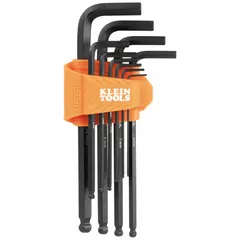 This 10-piece metric L-shaped hex key set features single ball ends for angled access in confined spaces. The long-arm design provides increased reach, and the black phosphate finish offers corrosion resistance. Keys are organized in a caddy for storage and portability. Suitable for tightening or loosening metric socket-head screws in assembly and maintenance tasks.
