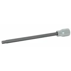 This hex bit socket features a 3/8 in drive and a 1/8 in hex tip for driving SAE hex fasteners. The 7 in overall length provides extended reach in confined spaces. A replaceable insert design allows for easy tip replacement, extending the tool's service life.