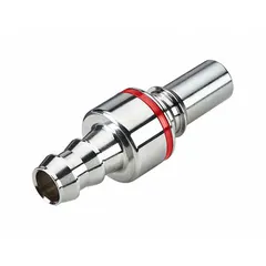 This chrome-plated brass quick-disconnect tube fitting features a Warm Red color with a 3/8 in ID size. It connects via a quick-disconnect coupler on one end and a barbed connection on the other, enabling fast assembly and disassembly in fluid systems. Suitable for pneumatic, hydraulic, and liquid transfer applications.