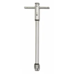 This ratcheting sliding T-handle tap wrench accommodates taps from 1/4" to 1/2". The sliding T-handle allows adjustable leverage, while the ratcheting mechanism enables efficient manual threading. Suitable for cutting internal threads in drilled holes during metalworking, maintenance, and repair tasks.