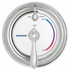 This pressure balance valve kit includes a zinc handle, circular plastic trim plate in chrome, and valve assembly. It is designed for use with Sentinel Mark II shower faucet valves, maintaining consistent water temperature by compensating for supply pressure fluctuations.