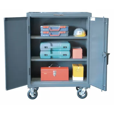 STRONG HOLD Storage Cabinet: Casters, 24 in x 20 in x 44 in, Swing, Padlock Hasp, 2 Shelves - Industrial Mobile Shelf Cabinets