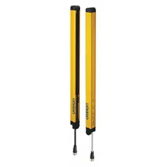 This OMRON light curtain uses 63 beams at 10 mm spacing to create a 640 mm protected height for finger detection. It operates on 24V DC with an 870 nm IR LED light source and safety outputs rated at 300 mA. Both transmitter and receiver feature M12 electrical connections. Typical applications include safeguarding operators near hazardous machinery such as assembly lines, packaging equipment, and robotic cells.