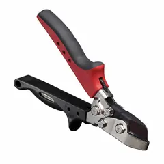 This hand notcher cuts V-shaped notches in sheet metal. It features a plastic body with a spring-assist handle and a metal cutting head. Notch depth is 1 inch. Suitable for HVAC, metal fabrication, and roofing applications.