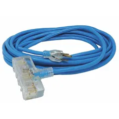 This 50 ft outdoor extension cord features a 12/3 SJTW jacket, three outlets, and a NEMA 5-15P plug. The blue T-shape design provides a secure grip and easy access to outlets. Rated for temperatures from -58° to 140°F, it is suitable for powering tools, lights, or equipment in outdoor settings.