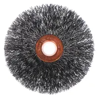 Crimped stainless steel wire wheel brush for light cleaning of stainless steel surfaces. Removes oxidation, light rust, and weld discoloration without contamination. 3" diameter, 5/8" width, 1/2" arbor, 0.014" fill. Supplied in a 50-pack