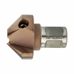 This 82° carbide multi-sink features 3 flutes, a 2 1/4 in body diameter, and a 3/4 in shank. Constructed from ULTRA coated carbide, it is used for countersinking and deburring holes in metal, wood, and composites. The 3-flute design provides smooth, chatter-free operation in general fabrication and machining applications.