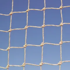 Heavy-duty polyethylene netting for excluding birds from buildings, agricultural areas, and industrial facilities. Provides 3,750 sq ft coverage area. Beige color. Flame-resistant for long-term outdoor installation.