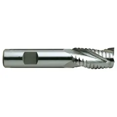 Cobalt roughing end mill with TiN coating and 6 flutes. Mill diameter 1-1/4", length of cut 2", overall length 4-1/4". Designed for heavy material removal in roughing operations on steel, stainless steel, and alloys.