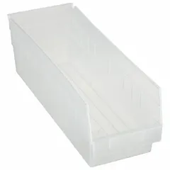 This clear plastic shelf bin measures 6 5/8 in x 6 in with an overall length of 17 7/8 in. It is nesting capable for space-saving storage when not in use. Suitable for organizing small parts, components, or tools on shelving in warehouses and workshops. Not electrostatic discharge conductive. Dividers not included.