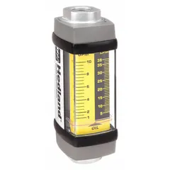 This inline variable-area flowmeter measures flow rate of petroleum fluids such as hydraulic oils and lubricants. It features a scale display with +/-2% accuracy, Viton seals and O-rings, and universal mounting orientation. The unit measures flow in gallons and does not include a pressure gauge or flow rate adjustment knob.