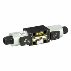 This solenoid-operated directional control valve features a D03 NFPA size and three positions, operating on 24V DC. It is used to direct hydraulic fluid flow in hydraulic systems requiring precise directional control.
