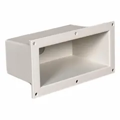 Molded polypropylene cup sink cutout for laboratory or industrial workstations. Overall length 10 in, width 4 in, diameter 6 in. Resists corrosion and chemical exposure, suitable for fume hoods, cleanrooms, and wet-process areas requiring spill containment.
