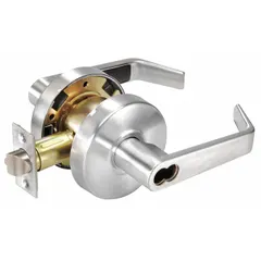 This storeroom lever lockset features a satin chromium-plated heavy gauge steel finish with an Augusta style lever. It is ADA compliant and compatible with Small Format Interchangeable Cores (SFIC). Designed for ANSI F109 function, it allows key-only entry from outside and free egress from inside, suitable for storerooms, electrical closets, and utility rooms.