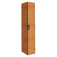 This assembled single-tier wardrobe locker features a solid phenolic door in Light Wood finish, one unit wide, with an electronic keypad lock. Includes a number plate. Suitable for personal storage in settings requiring durable, easy-to-clean lockers.