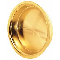 This round recessed handle is made of steel with a polished brass finish in gold. It features unthreaded mounting holes and is supplied as a single piece. Suitable for cabinet drawers, trays, and furniture where a flush, low-profile grip is required
