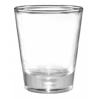 Clear glass shot glass with a 1 1/2 oz capacity, 2 in diameter, and 2 3/8 in overall height. Suitable for measuring and serving spirits in bar, hospitality, and food service settings