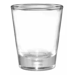 Clear glass shot glass with a 1 1/2 oz capacity, 2 in diameter, and 2 3/8 in overall height. Suitable for measuring and serving spirits in bar, hospitality, and food service settings.