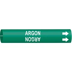 This snap-on pipe marker identifies argon lines in industrial piping systems. It features a green background with white legend text and directional arrows. Designed for pipe outer diameters from 1-1/2 to 2-3/8 inches. Supplied as a single marker.