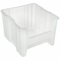 Clear polypropylene bin for organizing and storing parts, components, and tools in industrial environments. Measures 16-1/2 x 17-1/2 x 12-1/2 inches with a 75 lb load capacity. Not electrostatic discharge conductive.