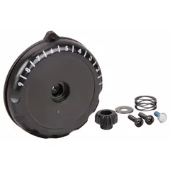 Replacement temperature-control dial for use with compatible industrial heating appliances. Overall height 3/4 inch, overall width 8 inches. Enables precise temperature adjustment during maintenance or repair of heating equipment.