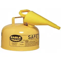 Type I safety can for handling, storing, and transporting diesel fuel. Constructed of powder-coated steel with a 2-gallon capacity. Includes a funnel for convenient refueling or transfer operations in industrial settings.