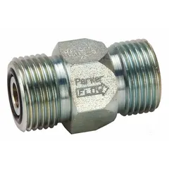 This check valve allows flow in one direction and prevents backflow in hydraulic systems. It features a steel body with SAE O-Ring Face Seal connections on inlet and outlet. Rated for 80 gpm flow and 1 11/16 in port size, it is suitable for high-pressure applications requiring reliable flow control.