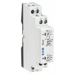 DIN-rail mounted time delay relay with flasher pause first function. Operates on 24 to 240V AC/DC input voltage, rated 8 A, with 8 pins/terminals. Suitable for industrial timing and sequencing applications such as controlling flashing lights or pause-first cycles in automation systems.