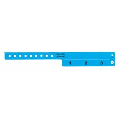 Vinyl security wristband with 'Stubs Void If Detached' tamper-evident feature. Measures 10 inches overall length by 3/4 inch overall width. Blue color. Pack of 500. Suitable for access control and identification at events, healthcare, and secure facilities.