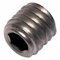 Metric cup point set screw with M5x0.8 thread and 5 mm overall length. Made of titanium with a plain finish and socket drive. Used for secure fastening in applications requiring corrosion resistance and non-magnetic properties, such as precision assemblies and instrumentation.