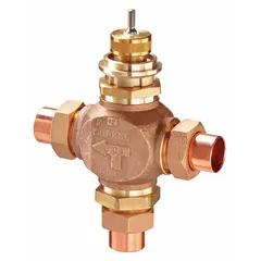 Bronze body 3-way globe valve with brass seat and tee configuration. Features 1 1/4 in female union sweat connections and 18.5 CV flow rating. Used in hydronic heating and cooling systems for mixing or diverting water flow.