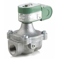 This REDHAT solenoid valve is a 2-way, 2-position normally closed type with a 3/4 in pipe size and 120V AC coil. It includes a junction box for electrical connections. Typical applications include on/off flow control of liquids or gases in industrial automation, HVAC, and process systems.