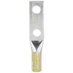 Two-hole compression lug for terminating 250 kcmil stranded copper wire. Features a long copper barrel and 1/2 in stud size. No inspection hole. Used in power distribution, switchgear, and heavy equipment connections for high-current applications.