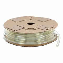 Polyurethane tubing with 1/2 in ID and 3/4 in OD, 100 ft length, beige color. Shore A 90 to 95 hardness, maximum operating pressure 145 psi at 180°F. Used for pneumatic and fluid transfer in industrial automation and packaging.