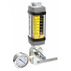 This variable area, inline flowmeter test kit is designed for measuring oil flow in hydraulic systems. It features a scale display with +/-2% accuracy, Viton seals and O-rings, and universal mounting orientation. Measurement is in gallons. The kit does not include a pressure gauge or flow rate adjustment knob.
