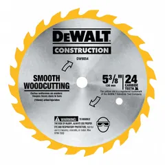Carbide-tipped circular saw blade with 5-3/8 inch diameter, 24 teeth, 0.06 inch cut width, and 5/8 inch arbor. Designed for cutting wood and aluminum in trim work, framing, and general construction.