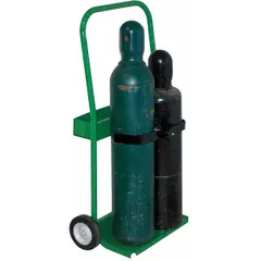 Welding cylinder hand truck for side-by-side transport of two cylinders. Features a 16 in wide by 8 in deep nose plate and a Perma Clamp for securing cylinders. 200 lb capacity. Green finish.