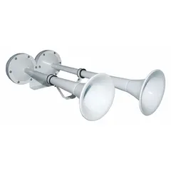 Electric-powered horn for boats, delivering a high-tone audible warning signal. Operates on 12V DC with a maximum sound level of 114 dB. Finished in painted white and includes rubber gaskets for installation. Suitable for marine applications to enhance safety in harbors and waterways.