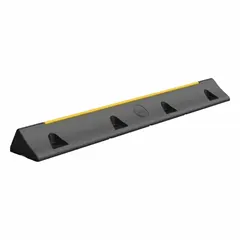 This rubber parking curb measures 39 3/8 inches long, 5 1/2 inches wide, and 3 1/8 inches high. It is black with yellow stripes for visibility and installs with bolts onto concrete surfaces. Includes concrete mounting anchors and installation hardware. Used in parking lots and garages to define parking spaces and prevent vehicle overhang.