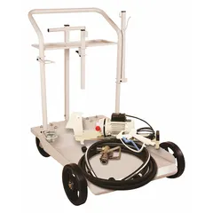 This cart-style DEF dispensing pump system is designed for transferring diesel exhaust fluid from drums. It features a 1/10 hp motor operating on 115 V AC, delivering a maximum flow rate of 8 gpm. The pump body is polypropylene, and the nozzle is made of polypropylene and stainless steel. The kit includes a discharge hose and nozzle; a meter is not included.